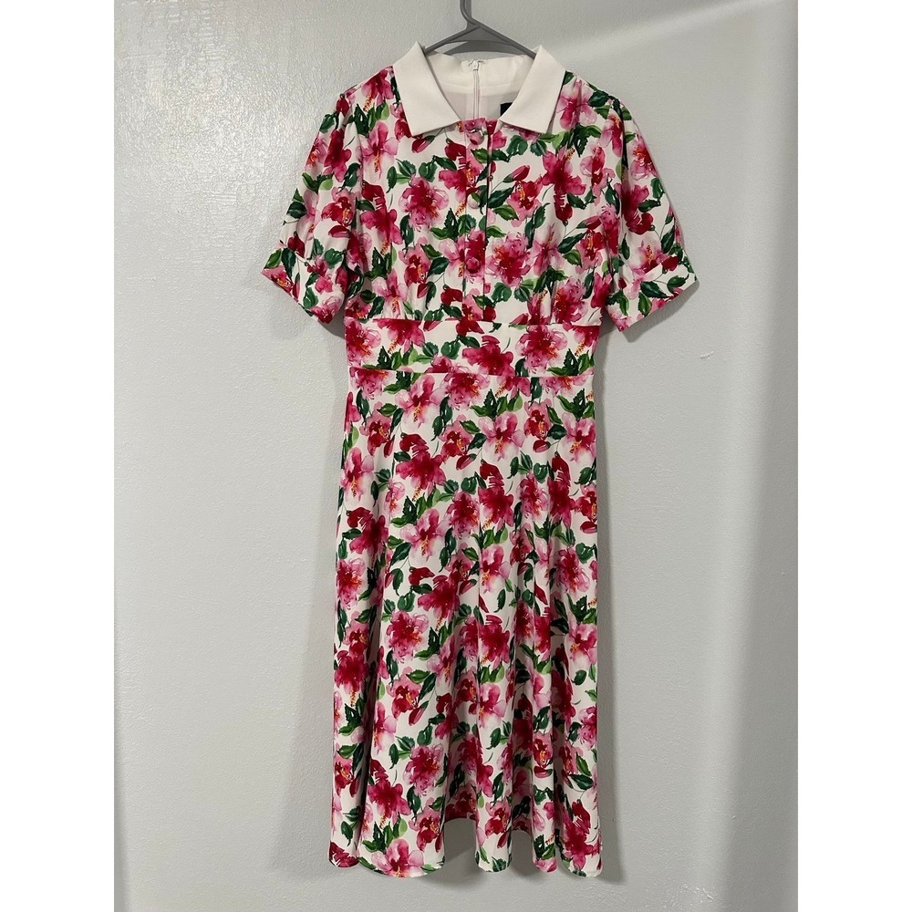 Alexia Admor Floral Midi Dress Women 6 White Pink Excellent Peter Pan Collar